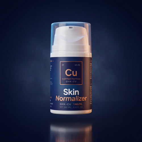 Skin Normalizer GHK-Cu copper peptide gel bottle, 100mL airless pump, dark navy background with copper rim lighting