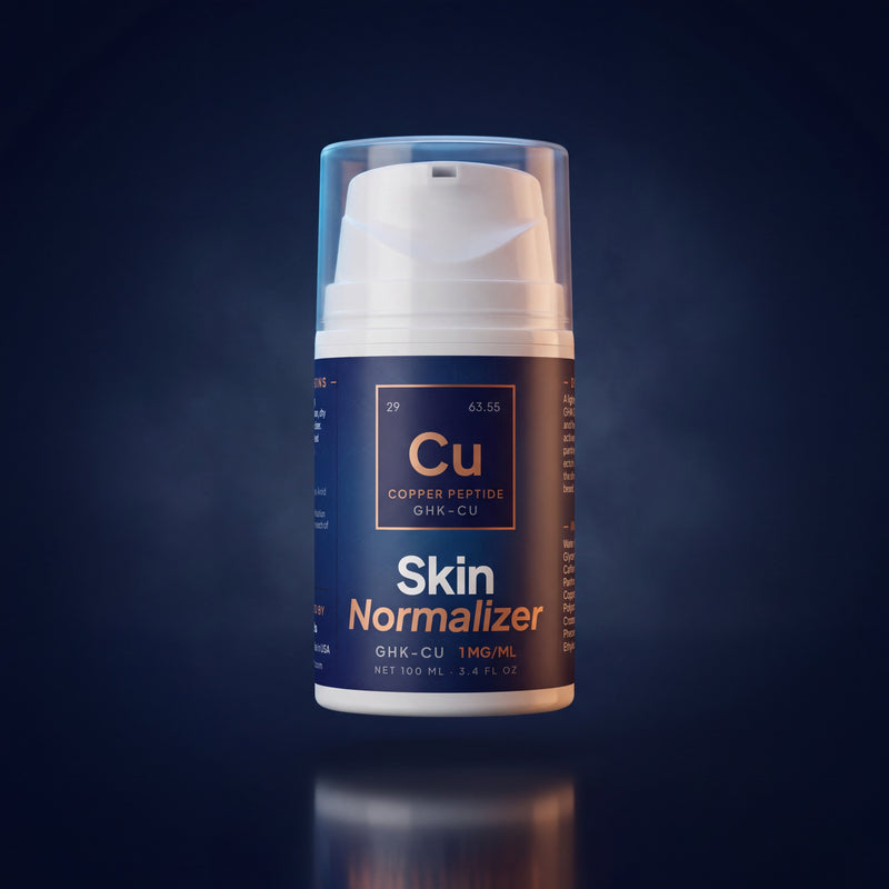 Skin Normalizer GHK-Cu copper peptide gel bottle, 100mL airless pump, dark navy background with copper rim lighting