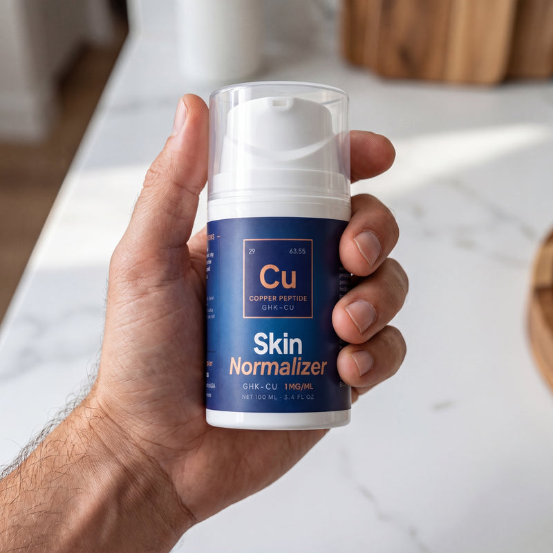 Hand holding the Skin Normalizer 100 mL bottle on a white marble counter