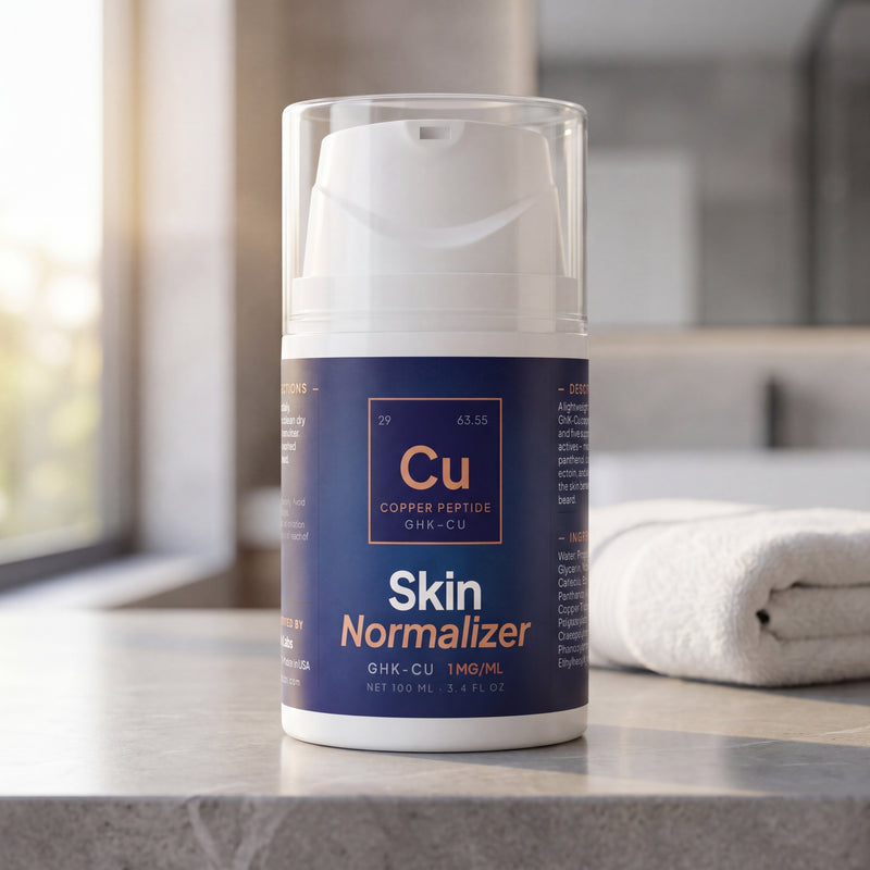 Skin Normalizer bottle on a sunlit bathroom counter next to a folded white towel
